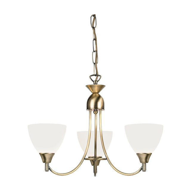 Gallery Direct Silvenna 3 Light Pendant with upturned opal glass shades on curved antique brass arms, suspended from a chain on a white background.