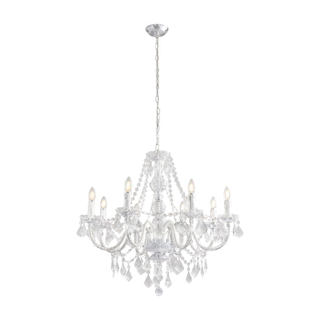 Gallery Direct Kaverel 8-light crystal-effect chandelier with chrome finish, curved arms, candle bulbs and clear acrylic drops on a white background.