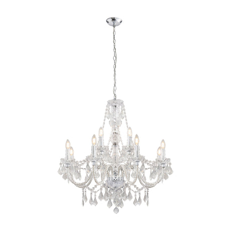 Gallery Direct Kaverel 12-light tiered chandelier pendant with chrome finish, candle-style lamps and clear faceted acrylic drops on a ceiling chain.