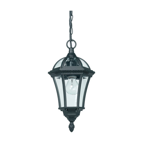 Gallery Direct Wrayvelle outdoor pendant light in black die cast aluminium with bevelled clear glass panels, domed crown, acorn finial and chain suspension.