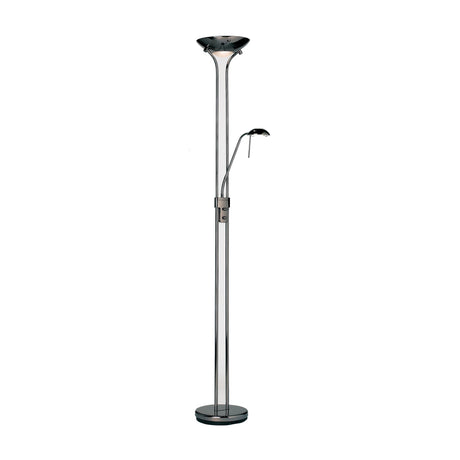 Gallery Direct Romvael Mother and Child Floor Lamp in black chrome with opal glass uplighter dish and adjustable gooseneck reading arm on a round base.
