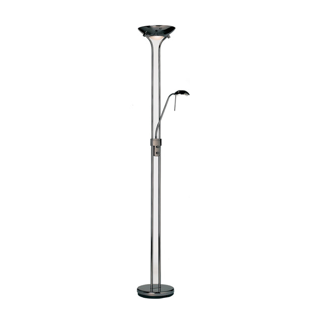 Gallery Direct Romvael Mother and Child Floor Lamp in black chrome with opal glass uplighter dish and adjustable gooseneck reading arm on a round base.