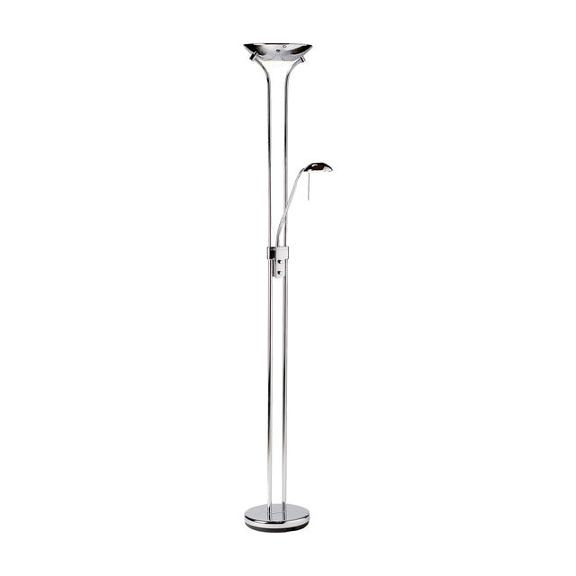 Gallery Direct Romvael Mother and Child Floor Lamp in chrome with opal glass uplighter dish and adjustable gooseneck reading arm on a round base.