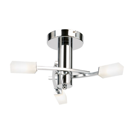 Gallery Direct Havelle 3 light semi-flush ceiling light in chrome with three arms holding upturned faceted frosted glass shades, on a white background.
