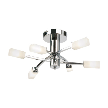 Gallery Direct Havelle semi-flush ceiling light with six crossed chrome arms and squared frosted glass shades on a plain white background.
