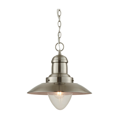 Gallery Direct Neswyn Fisherman Pendant Light in satin nickel with a wide domed shade, clear glass diffuser and chain suspension on a white background.