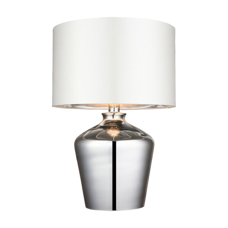 Gallery Direct Walvorne table lamp with smoked chrome mirrored glass urn base and ivory drum shade with metallic inner, on a white background.