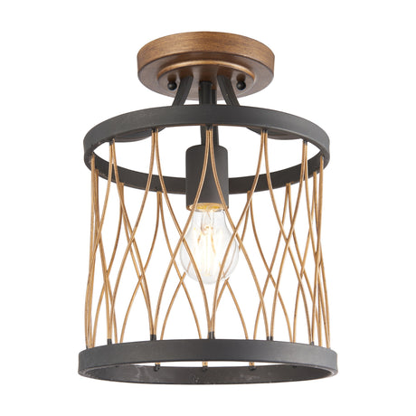 Gallery Direct Devessa semi-flush ceiling light with matt black drum frame, bronze woven wire cage, wood-effect plate and single E27 bulb.