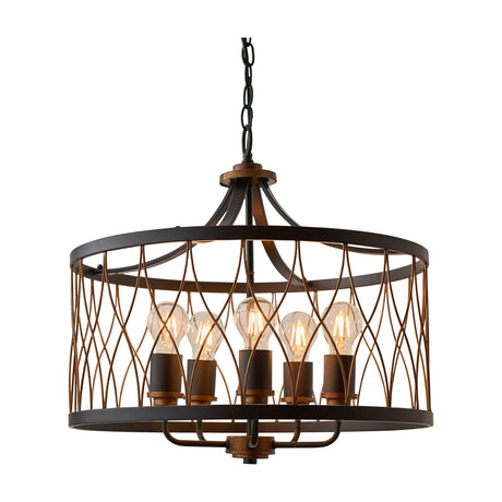 Gallery Direct Devessa 5 light cage pendant with black drum frame, bronze woven lattice and exposed filament E27 bulbs on a chain suspension.