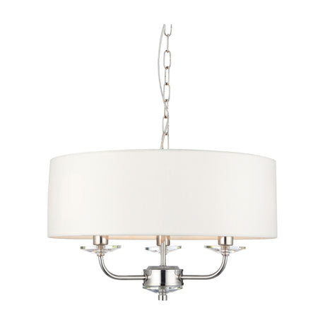 Gallery Direct Ostwyn 3 Light Pendant with vintage white fabric drum shade, bright nickel arms, faceted crystal accents and chain suspension.
