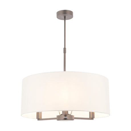 Gallery Direct Delyra 3 Light Pendant with vintage white fabric drum shade and matt nickel drop rod, shown on a plain white background.