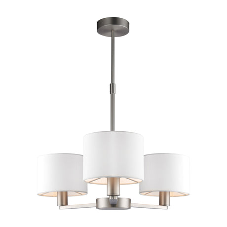 Gallery Direct Delyra 3 Light Ceiling Pendant with white fabric drum shades on a brushed nickel three-arm frame and ceiling rod.