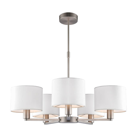 Gallery Direct Delyra 5 light chandelier with matt nickel steel frame, slim central column and cylindrical vintage white fabric drum shades.