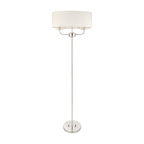Gallery Direct Ostwyn 3 Light Floor Lamp in bright nickel with vintage white fabric drum shade, crystal glass detailing, and round weighted base.