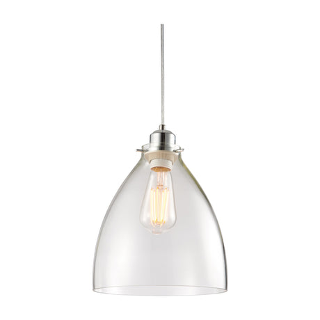Gallery Direct Elsvorne bell-shaped clear glass pendant shade with polished chrome fitting and filament bulb, shown on a white background.