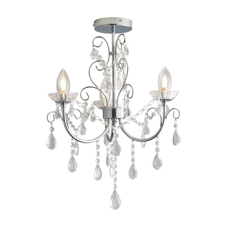 Gallery Direct Wyndora 3 light bathroom chandelier in chrome with scrolled arms, fluted glass sconces and cascading crystal droplets on a white background.