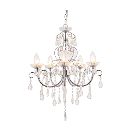 Gallery Direct Wyndora 5-light crystal chandelier in chrome with scrolled arms, fluted glass bobeches and teardrop droplets on a white background.