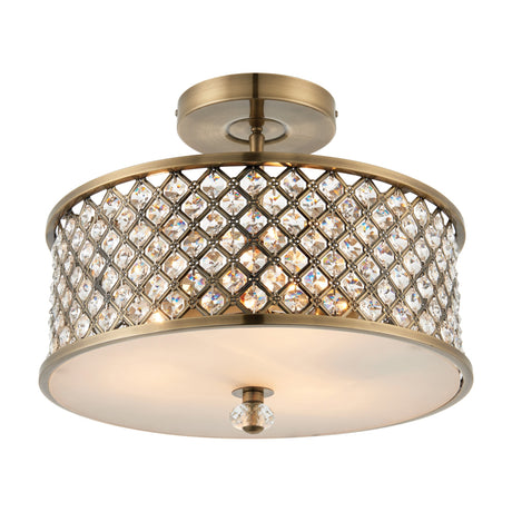 Gallery Direct Hudvane 3-light semi-flush ceiling light with antique brass drum frame, diamond lattice of clear crystals and frosted glass diffuser.