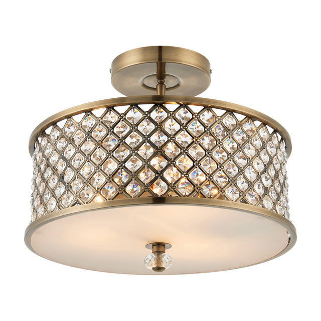 Gallery Direct Hudvane 3-light semi-flush ceiling light with antique brass drum frame, diamond lattice of clear crystals and frosted glass diffuser.