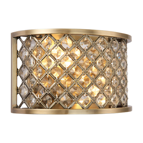 Gallery Direct Hudvane 2-light wall light with half-drum antique brass lattice frame and clear octagonal crystal beads, illuminated on a white background.