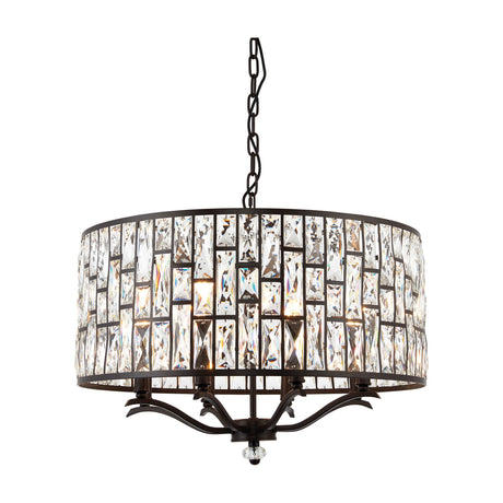 Gallery Direct Melvorne 8 light crystal drum pendant with faceted rectangular crystals, bronze steel frame, curved arms and chain suspension.
