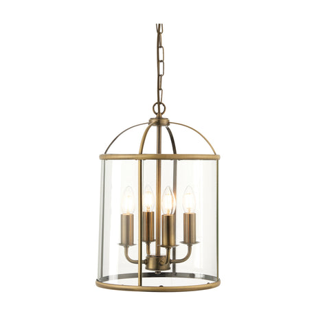 Gallery Direct Vanwenna 4-light glass lantern pendant in antique brass with clear panels, domed top and chain suspension on a white background.