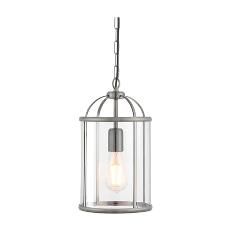 Gallery Direct Vanwenna satin nickel lantern pendant with cylindrical clear glass panels, domed cap, filament E27 bulb and matching chain suspension.
