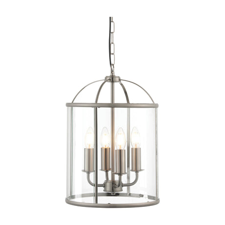 Gallery Direct Vanwenna 4 light glass lantern pendant with satin nickel domed steel frame, clear glass panels and candle bulbs on a chain suspension.