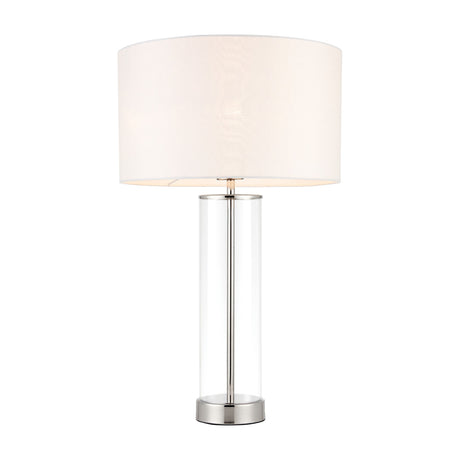 Gallery Direct Lesvenna lamp with clear glass cylinder base, brushed nickel stem and foot, and vintage white fabric drum shade on white background.
