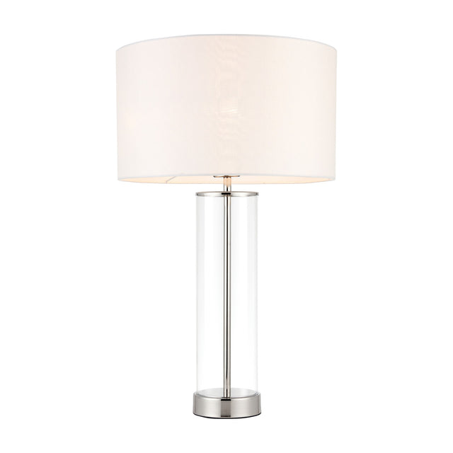 Gallery Direct Lesvenna lamp with clear glass cylinder base, brushed nickel stem and foot, and vintage white fabric drum shade on white background.