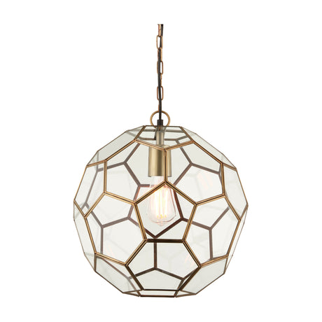 Gallery Direct Ilvane faceted glass pendant light with near-spherical honeycomb shade, antique brass frame and chain, and exposed filament E27 bulb.
