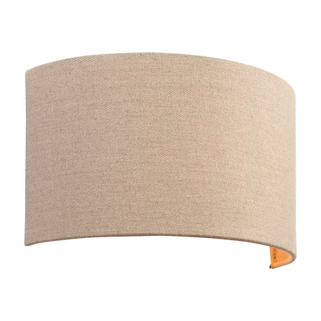 Gallery Direct Obvenna wall light with a curved half-drum shade in woven natural linen over a steel frame, shown on a plain white background.