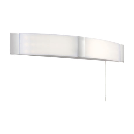 Gallery Direct Onvelle 2-light bathroom wall light with curved frosted opal acrylic diffuser, chrome end caps and pull-cord switch on a white background.