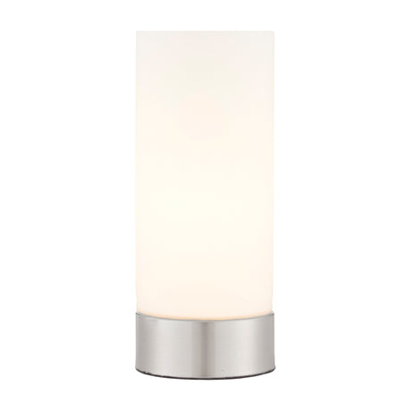 Gallery Direct Darvelle touch table lamp with cylindrical opal glass shade and brushed nickel base with USB port, on a plain white background.