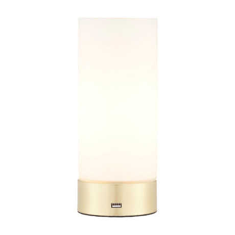 Gallery Direct Darvelle touch table lamp with cylindrical opal glass shade, brushed brass base and built-in USB port, on a white background.
