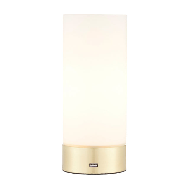 Gallery Direct Darvelle touch table lamp with cylindrical opal glass shade, brushed brass base and built-in USB port, on a white background.