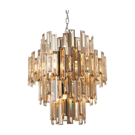 Gallery Direct Wynella 12 light tiered chandelier with champagne crystal glass bars on a chrome frame and chain, shown on a white background.