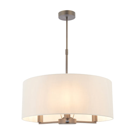 Gallery Direct Delyra 3 Light Pendant with cream fabric drum shade and antique bronze drop rod against a plain white background.