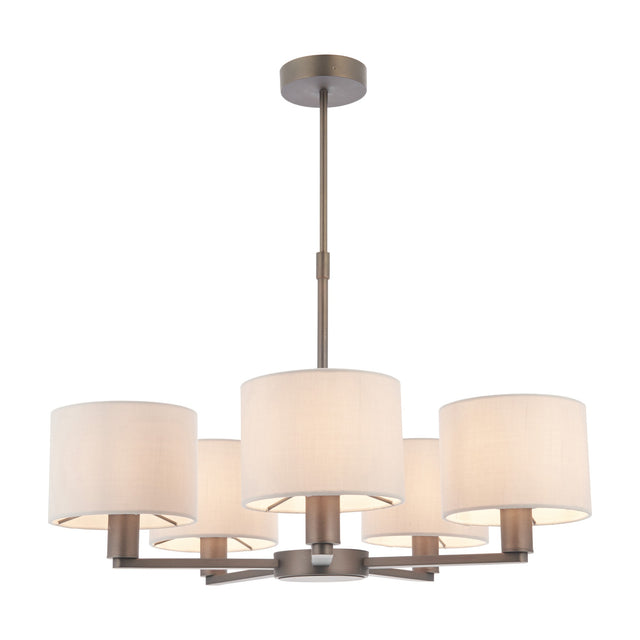 Gallery Direct Delyra 5 light chandelier with antique bronze steel frame, slim central column and cylindrical fabric drum shades on a white background.