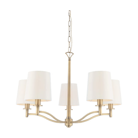 Gallery Direct Ormessa 5 Light Pendant in antique brass with curved arms, white tapered fabric shades, and chain suspension on a white background.