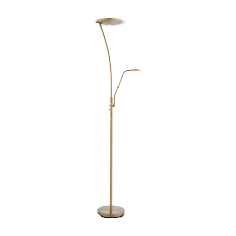 Gallery Direct Alvessa mother and child LED floor lamp in antique brass with uplight dish and flexible gooseneck reading arm on a weighted round base.