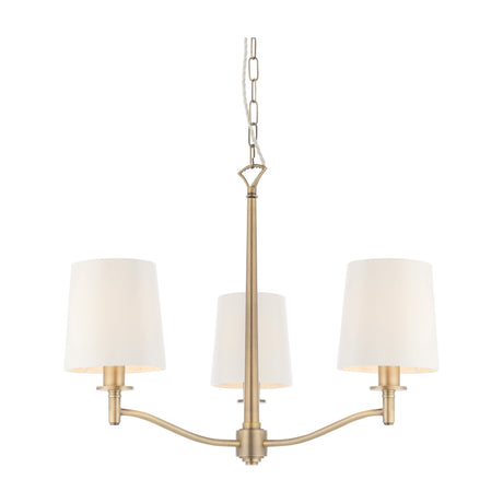 Gallery Direct Ormessa 3-light pendant with curved antique brass arms and cream-white tapered fabric shades, suspended from a chain on a plain background.