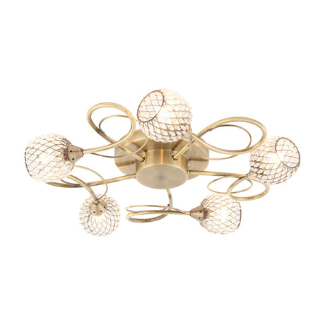 Gallery Direct Arvael semi-flush ceiling light with five looping antique brass arms holding clear beaded glass globe shades in wire mesh cages.