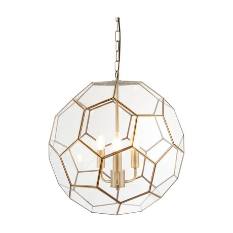 Gallery Direct Ilvane faceted glass pendant light with three E14 candle bulbs on curved arms inside an antique brass honeycomb globe and chain.