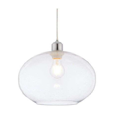 Gallery Direct Dimvenne pendant shade in rounded clear seeded glass with polished chrome fitting and E27 bulb, shown on a plain white background.