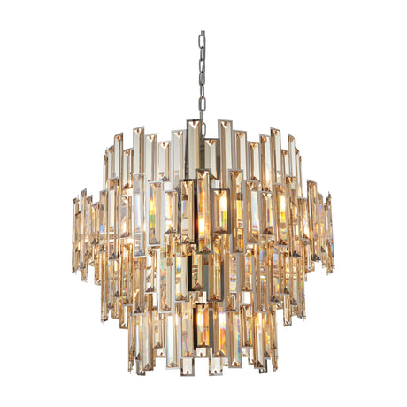 Gallery Direct Wynella 15 Light Crystal Chandelier in champagne-toned bevelled glass bars on a tiered chrome frame with chain suspension, on white.