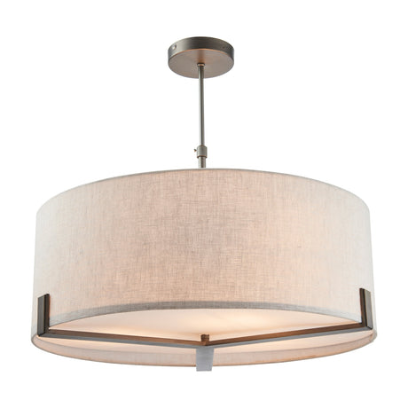 Gallery Direct Rayfenna 3-light drum pendant with natural linen shade, frosted diffuser, and brushed bronze frame on a plain white background.