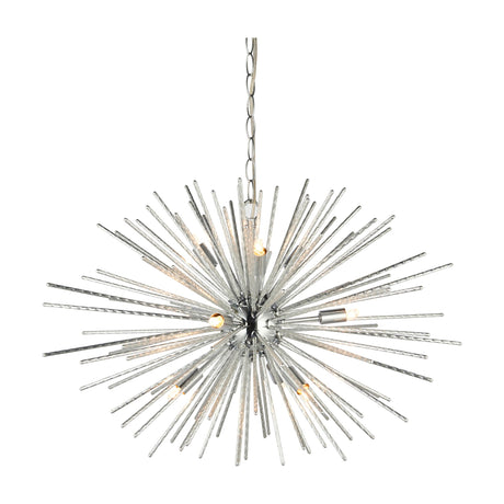 Gallery Direct Noviel Sputnik pendant with 12 lights, slim chrome rods radiating from a central hub on an adjustable chain, on a white background.