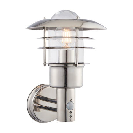 Gallery Direct Delvora PIR sensor outdoor wall light in polished stainless steel with tiered lantern shade, clear glass diffuser and exposed filament E27 bulb.