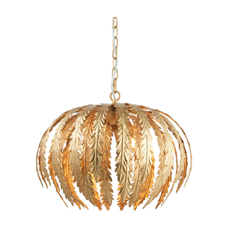 Gallery Direct Nelphine Layered Leaf Pendant Light in gold, with tiered steel fronds forming a rounded dome on a chain suspension.